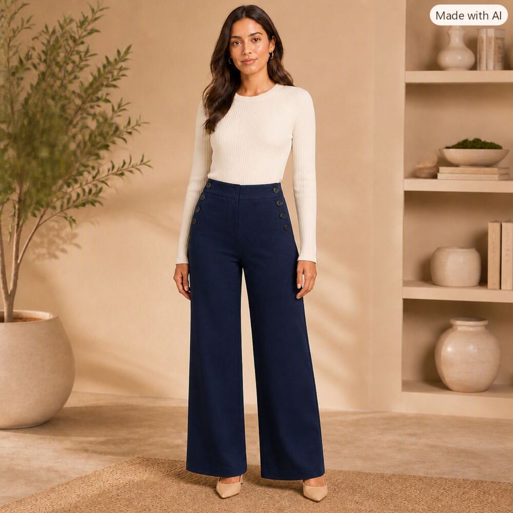 LOFT Navy Wide‑Leg Pants with Side Button Detail